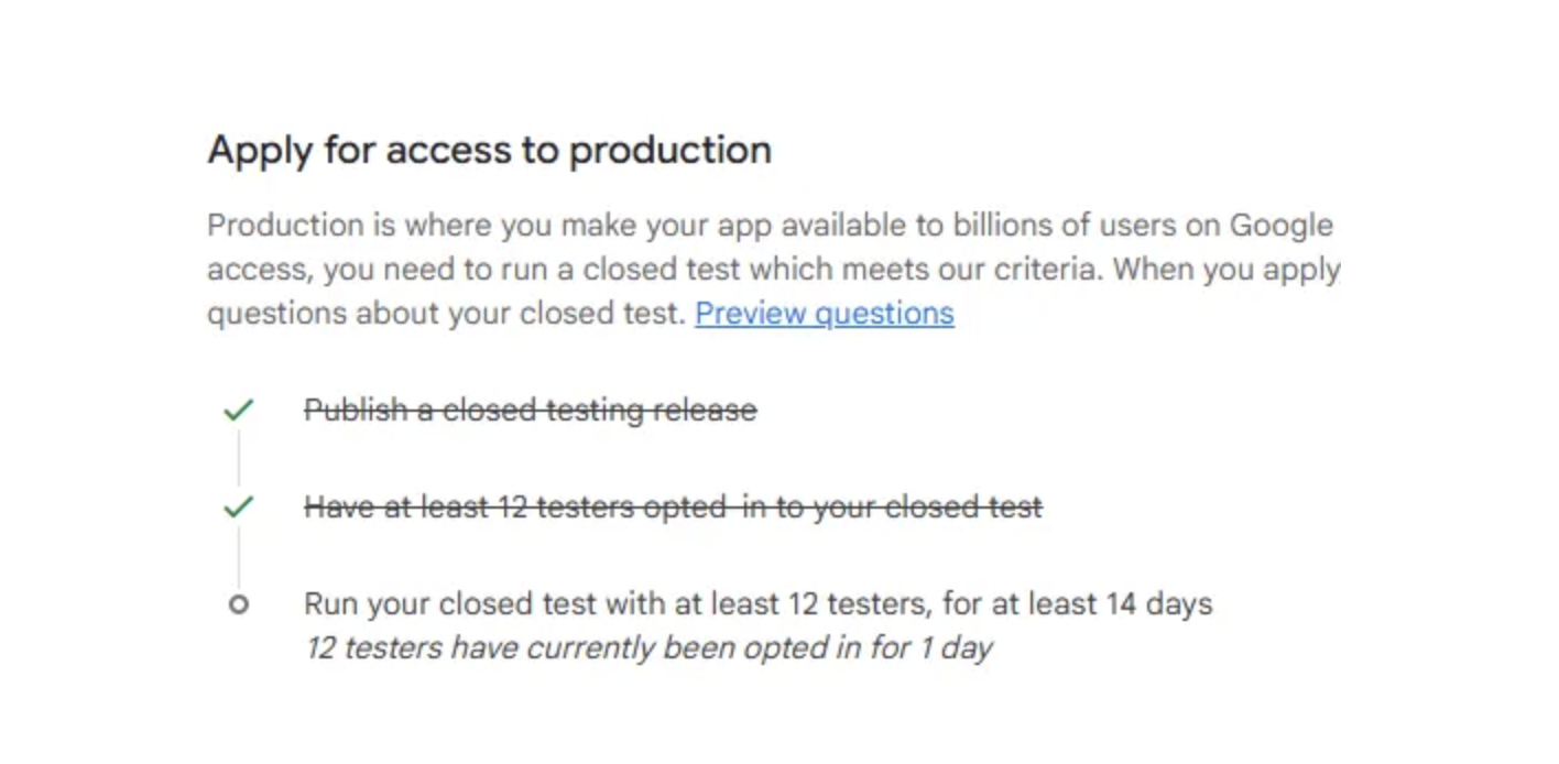 Google Play Console Production access page showing the opted-in tester count and the 14-day closed-testing criteria