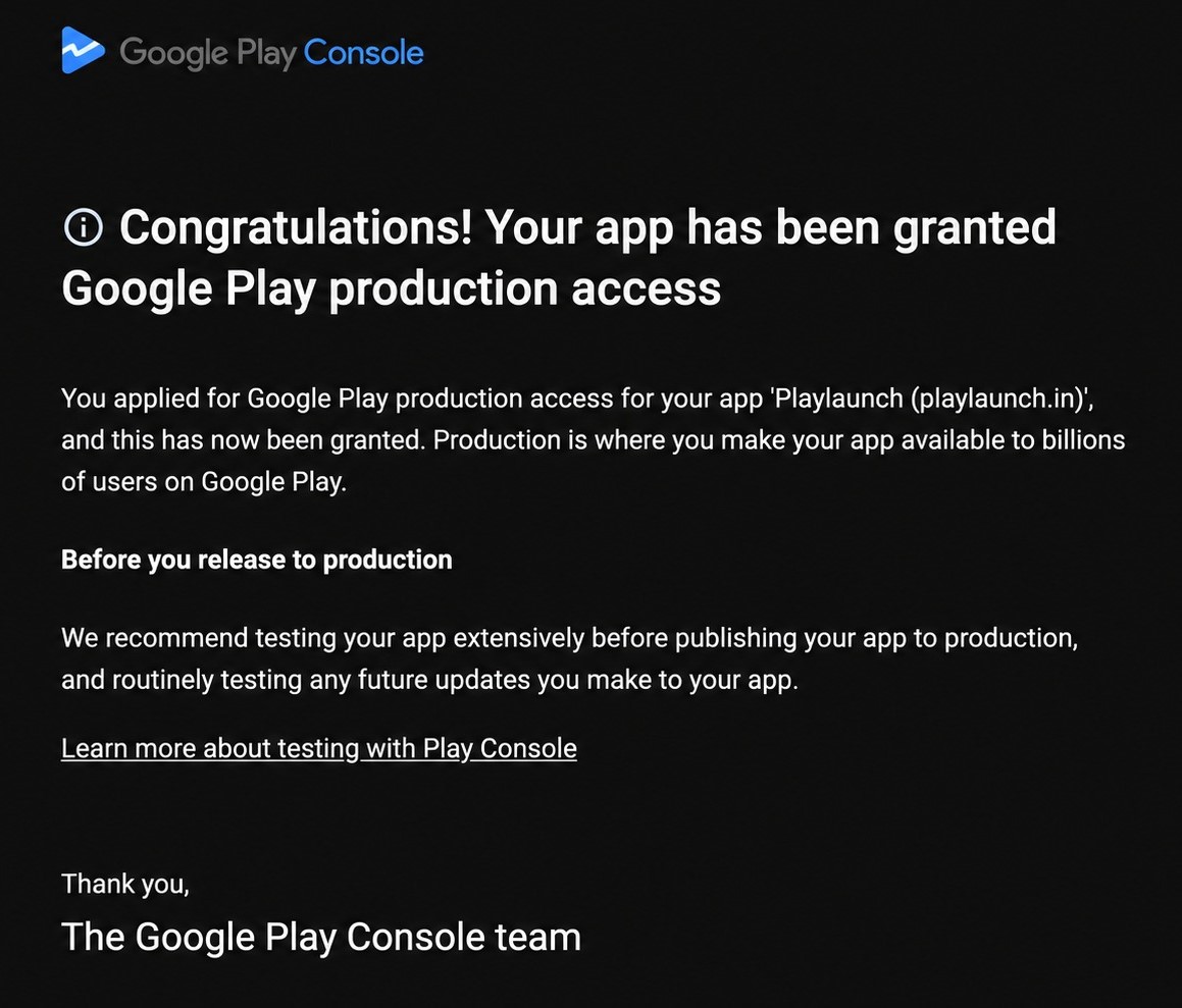 Google Play Production Access Granted - 12 Testers for 14 Days